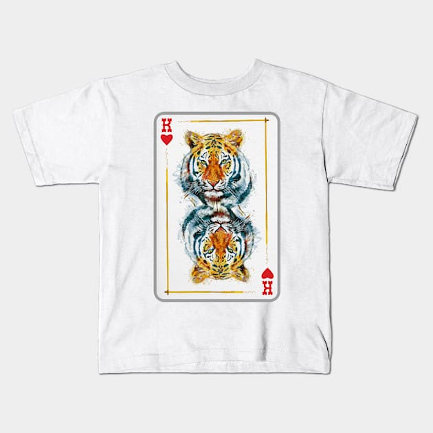 Tiger Head King of Hearts Playing Card Kids T-Shirt by Marian Voicu